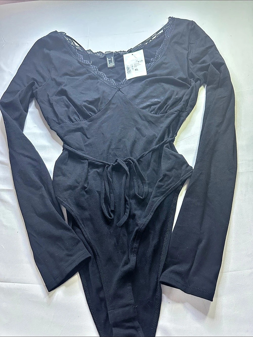 Forever 21 Knit Top/Shirt Black Lace Trim Long Sleeve Bodysuit Size XL NWT